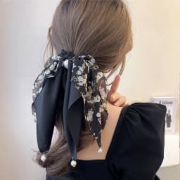 1PC Floral Print Satin Hair Scrunchies with Ribbon & Pearl Accents, Elegant Hair Ties for Women, Charming Hair Accessories Set