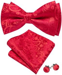 Barry Wang Jacquard Mens Bow Tie Pre-Tied Bowtie Hanky Cufflinks Set Red Green Ivory Pre ties Wedding Party