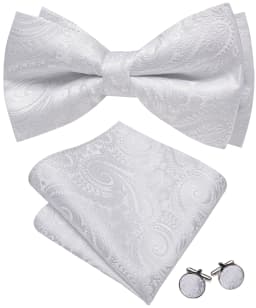 Barry Wang Jacquard Mens Bow Tie Pre-Tied Bowtie Hanky Cufflinks Set Red Green Ivory Pre ties Wedding Party