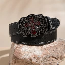 1pc Men's Y2k Punk Petal Cross Buckle Casual Black Belt, A Versatile Decorative Belt for Jeans, Suitable for Daily Travel