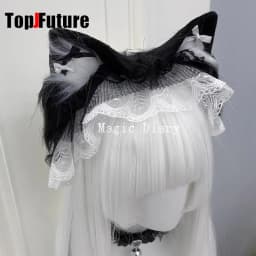 Japanese Subculture Y2K Girls Cosplay Lace Ruffle Beast Ear Hair Band Gothic Lolita Harajuku Women's Hair Hoops Hair Accessories