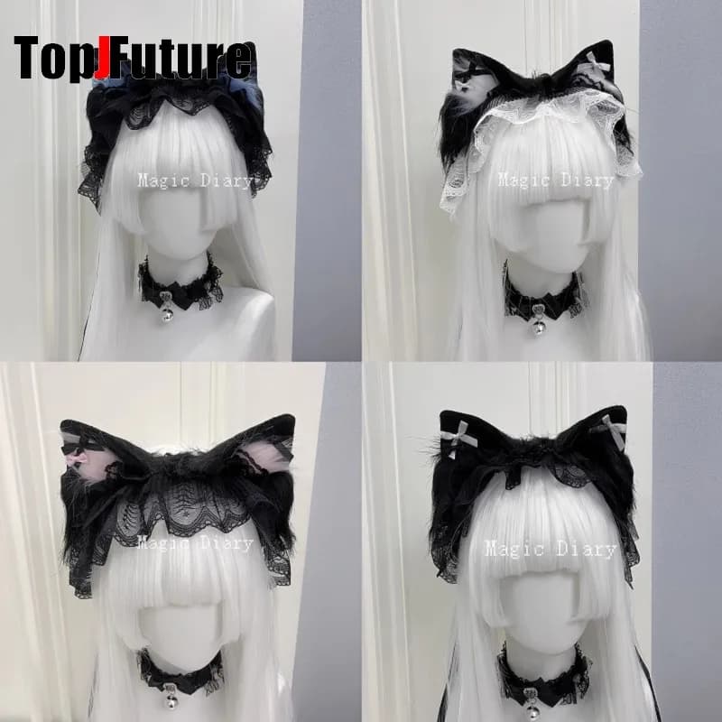 Japanese Subculture Y2K Girls Cosplay Lace Ruffle Beast Ear Hair Band Gothic Lolita Harajuku Women's Hair Hoops Hair Accessories