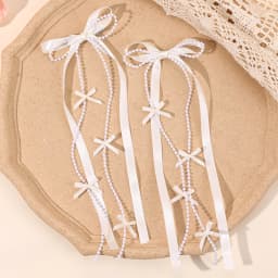 2Pcs White Satin Bow Hair Clips With Pearl Chains Elegant Long Ribbon Hairpins Sweet Romantic Hair Accessories For Girls Women
