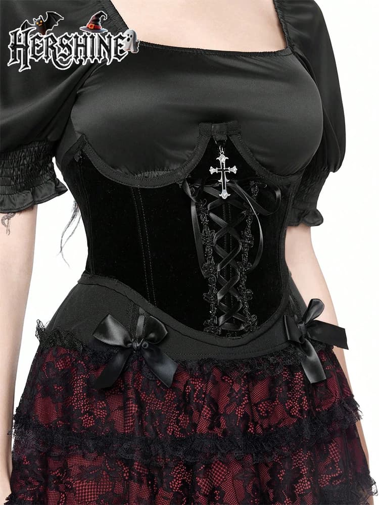HERSHINE Women's Black Fashion Cross Velvet Shaping Waist Cincher, Y2K Gothic Harajuku Style Sexy Accessory,spring,summer