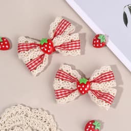 2Pcs Retro Strawberry Bow Hair Clips For Girls Sweet Lace-trim Plaid Hairpins Children Daily Korean Headwear Hair Accessories
