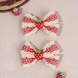 2Pcs Retro Strawberry Bow Hair Clips For Girls Sweet Lace-trim Plaid Hairpins Children Daily Korean Headwear Hair Accessories