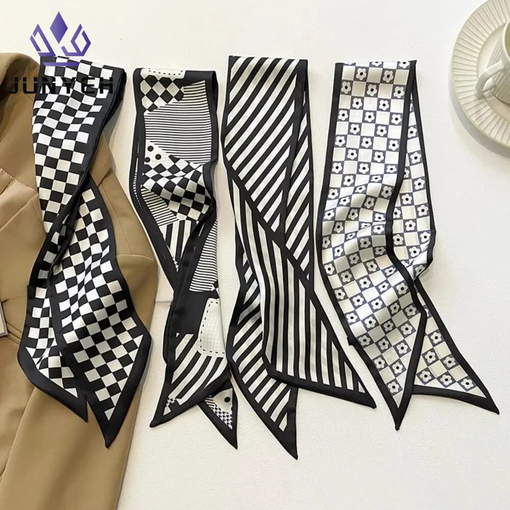 Fashion Print Silk Skinny Hair Scarf For Women Narrow Ribbon Tie Handle Bag Band Bandana Neckerchief