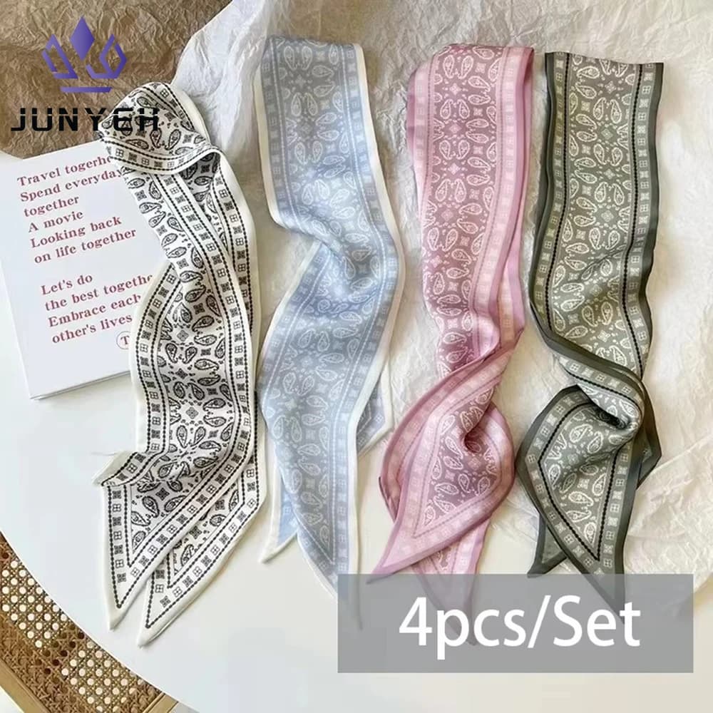 4pcs/set Series Silk Satin Scarf Women Cloth Hair Bands Headdress Accessories Lady Scarves Ribbon Neck Ties for Bag Handle
