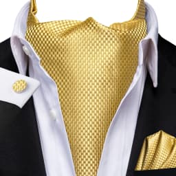 3pcs Mens Yellow Gold Floral Stripes Cravat Ascot Pocket Square Cufflinks Set Wedding Formal Casual Office