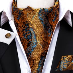 3pcs Mens Yellow Gold Floral Stripes Cravat Ascot Pocket Square Cufflinks Set Wedding Formal Casual Office
