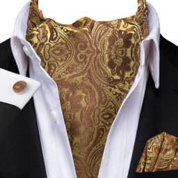 3pcs Mens Yellow Gold Floral Stripes Cravat Ascot Pocket Square Cufflinks Set Wedding Formal Casual Office