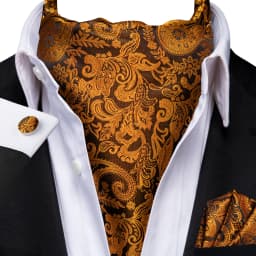3pcs Mens Yellow Gold Floral Stripes Cravat Ascot Pocket Square Cufflinks Set Wedding Formal Casual Office