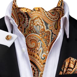 3pcs Mens Yellow Gold Floral Stripes Cravat Ascot Pocket Square Cufflinks Set Wedding Formal Casual Office