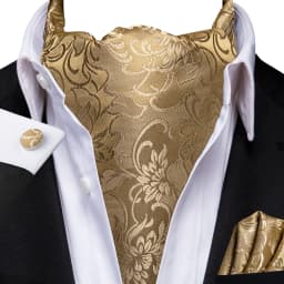 3pcs Mens Yellow Gold Floral Stripes Cravat Ascot Pocket Square Cufflinks Set Wedding Formal Casual Office