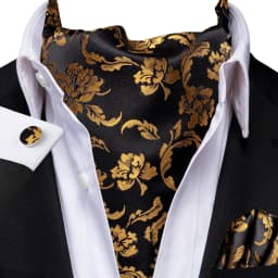 3pcs Mens Yellow Gold Floral Stripes Cravat Ascot Pocket Square Cufflinks Set Wedding Formal Casual Office