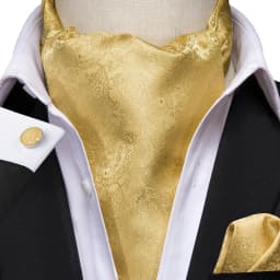 3pcs Mens Yellow Gold Floral Stripes Cravat Ascot Pocket Square Cufflinks Set Wedding Formal Casual Office