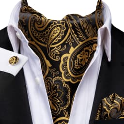 3pcs Mens Yellow Gold Floral Stripes Cravat Ascot Pocket Square Cufflinks Set Wedding Formal Casual Office