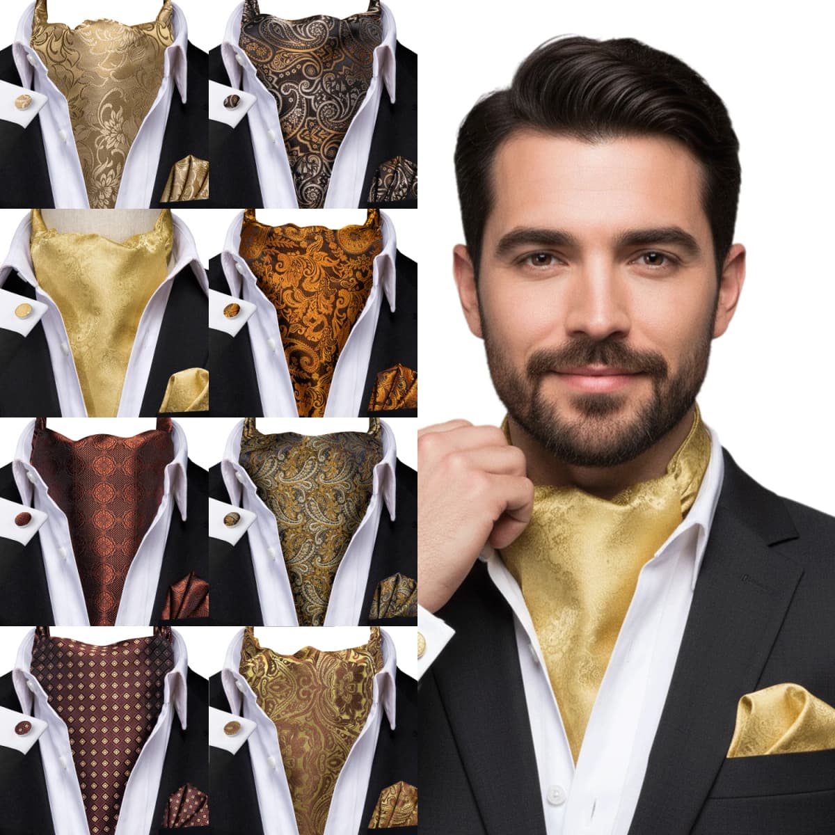3pcs Mens Yellow Gold Floral Stripes Cravat Ascot Pocket Square Cufflinks Set Wedding Formal Casual Office