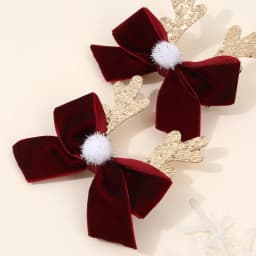 2Pcs Christmas Vintage Burgundy Bow Hair Clips Cute Sparkling Antler Hairpins For Girls New Year Xmas Headdress Hair Accessories