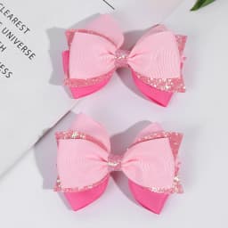 2pcs Sparkling Pink Glitter Bow Hair Clips For Girls Cute Ribbon Bow Hairpins Ideal For Gifts & Casual Attire Hair Accessories