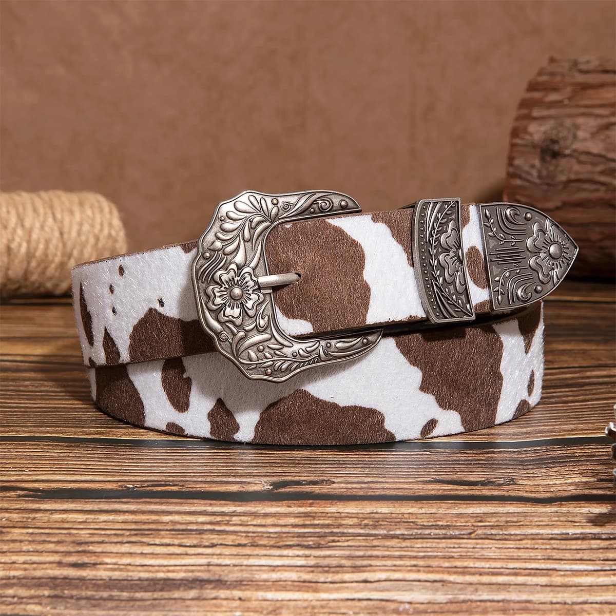 1pc women's retro casual brown cow print embossed flower buckle belt for jeans, a versatile accessory belt.