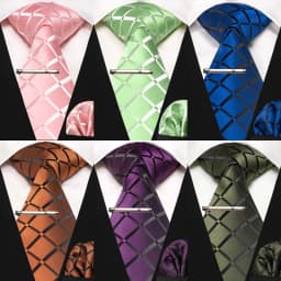 Wine Red Classic Plaid Tie for Men Handkerchief Tie Clips Set Mens Necktie Fashion Business Party Wedding Gift Accessories