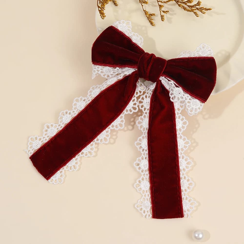 Gothic Lolita Red Velvet Bow Hair Clip With White Lace Vintage Elegant Bownot Hairpin For Women Girls Headwear Hair Accessories