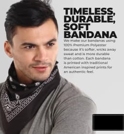 Large Bandana Headband - Handkerchief Bandanas for Men and Women - Paisley Bandana Pack - Cowboy Scarf, Black, Single Pack