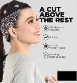 Large Bandana Headband - Handkerchief Bandanas for Men and Women - Paisley Bandana Pack - Cowboy Scarf, Black, Single Pack