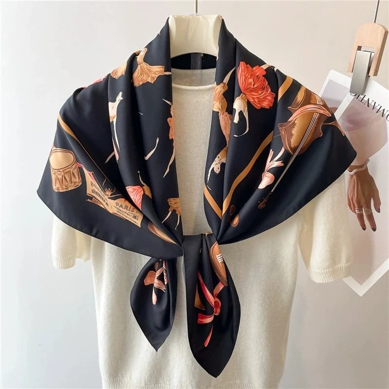90x90cm Imitation Silk Ballet Girl Printed Handkerchief Scarf For Women Thin Shawl Square Headband Bandana Head Scarves