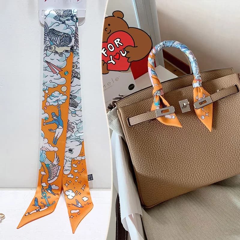 Women Silk Ribbon Scarf Handbag Handle Wrap Bag Women Girls Head Hair Wrist Ribbon Scarf Hair Band Versatile Accessory