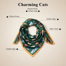 100% Mulberry Silk Square Scarf Cartoon Cat Print Cute Colorful Cat Pattern Luxury Silk Neck/Head Wrap Perfect Gift for CatLover