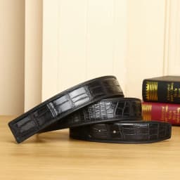 3.8 Wide Punched Men's Cowhide Leather Belt,High-End Fashion Trend Crocodile Pattern Genuine Leather Belt Without Buckle Durable