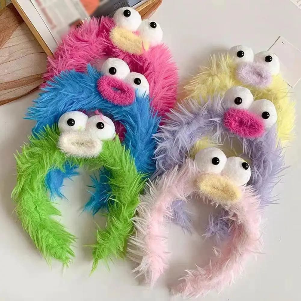 Funny Furry Monster Headband with Big Eyes, Plush Cartoon Headdress for Women Adults Face Washing & Party Wear Costume Cosplay