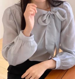 Women's Shirt Bow Tie Lantern Sleeve Slimming Pure Color Glossy Spring New Style Korean Style Breathable Skin-Friendly