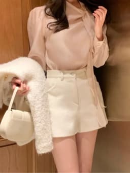Women's Shirt Bow Tie Lantern Sleeve Slimming Pure Color Glossy Spring New Style Korean Style Breathable Skin-Friendly