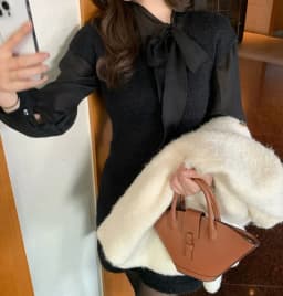 Women's Shirt Bow Tie Lantern Sleeve Slimming Pure Color Glossy Spring New Style Korean Style Breathable Skin-Friendly