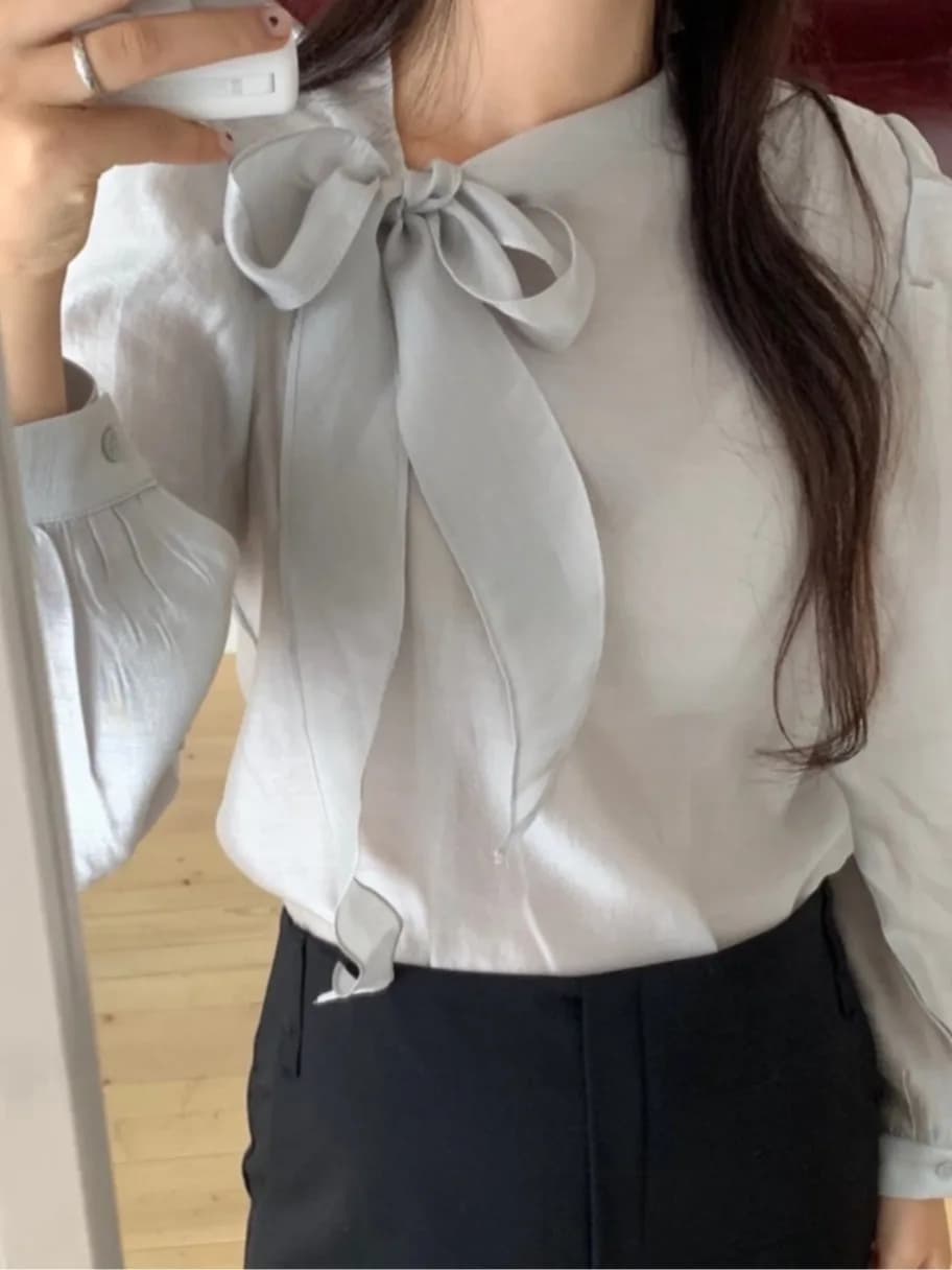 Women's Shirt Bow Tie Lantern Sleeve Slimming Pure Color Glossy Spring New Style Korean Style Breathable Skin-Friendly