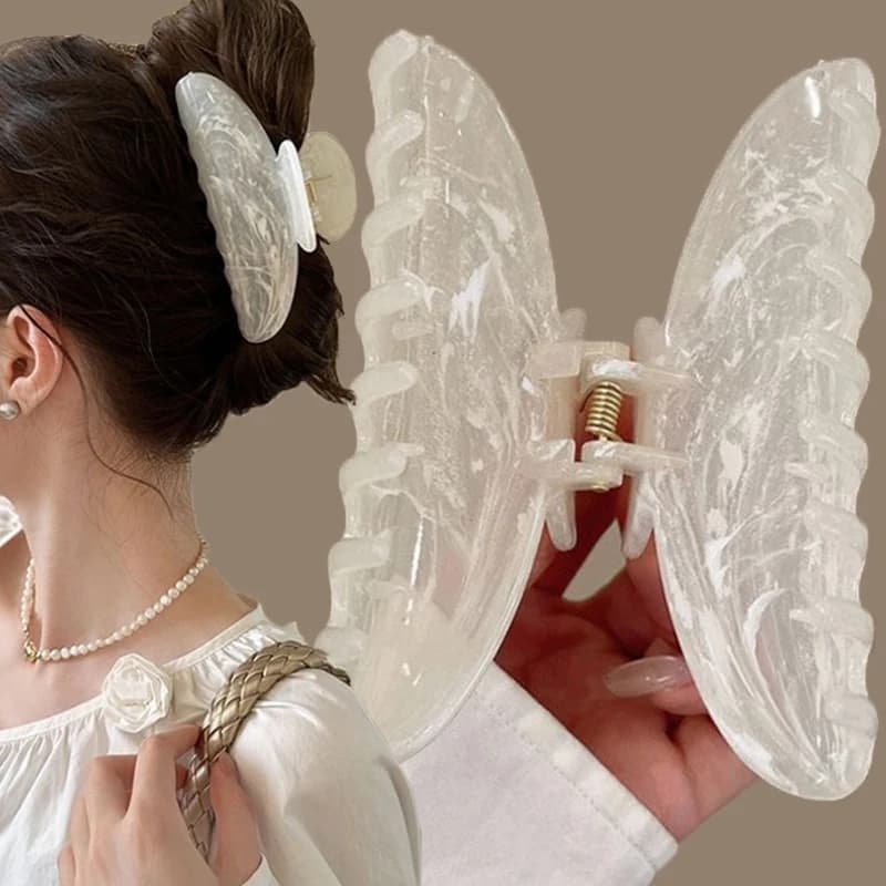 2026 New Korean Cream Colored Marble Pattern Half Round Hair Clip Simple Shark Hair Clip Stable Clamping Headwear Accessories