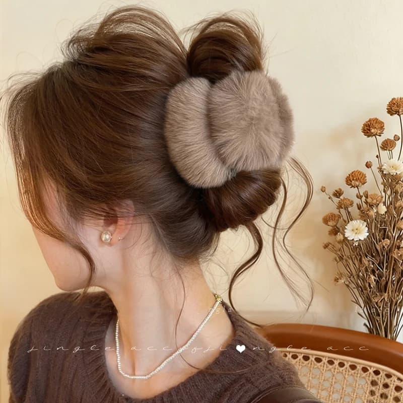 Double-faced Women's Simulated Rabbit Fur Hair Clips Coffee Plush Half Updo Shark Clamp Warm Hair Accessories Autumn Winter M
