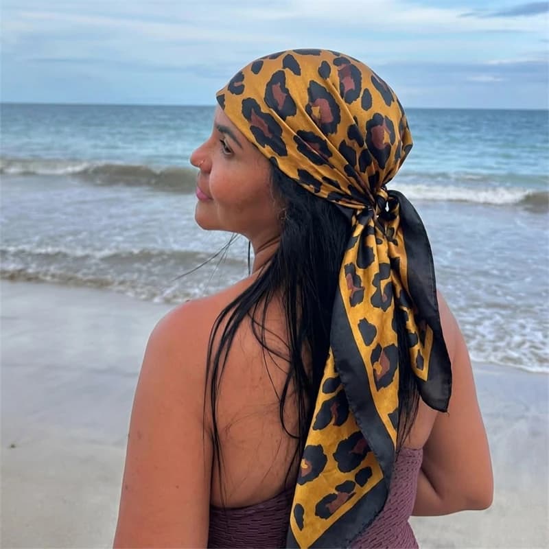 Leopard Print Neckerchief Hijab 90cm Scarf For Women Silk Satin Headband Hair Scarves Female Square Shawls Ladies Head Bandana