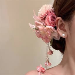 Teng Hua's Love~ Exquisite Pink Tassel Flower Hair Clip for Women's Cheongsam Side Hairpin