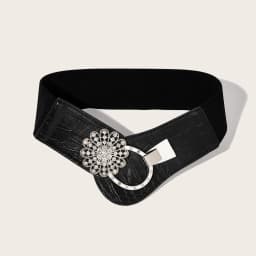 Rhinestone Flower Decor Elastic Wide Belt, Crocodile Pattern Black Waist Cincher, Slimming Fit, Ideal for Dresses & Coats