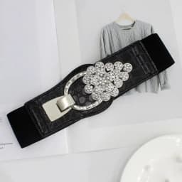 Rhinestone Flower Decor Elastic Wide Belt, Crocodile Pattern Black Waist Cincher, Slimming Fit, Ideal for Dresses & Coats