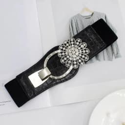 Rhinestone Flower Decor Elastic Wide Belt, Crocodile Pattern Black Waist Cincher, Slimming Fit, Ideal for Dresses & Coats