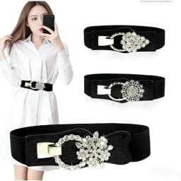 Rhinestone Flower Decor Elastic Wide Belt, Crocodile Pattern Black Waist Cincher, Slimming Fit, Ideal for Dresses & Coats