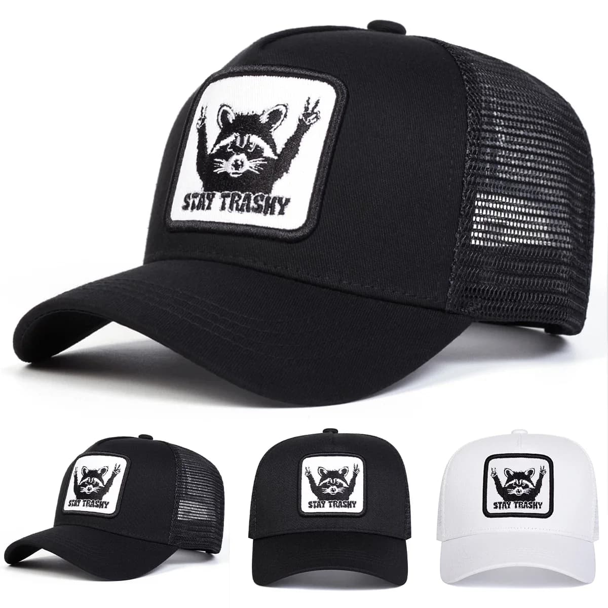 Unisex STAY TRASHY Raccoon Embroidery Baseball Net Caps Spring Summer Outdoor Adjustable Casual Hats Sunscreen Hat Sports Cap