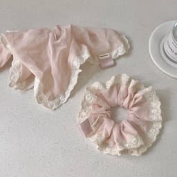 Soft Pink Gentle Lace Large Intestine Scrunchie Sweet Girl's Heart Square Scarf Temperament Ponytail Hair Accessories