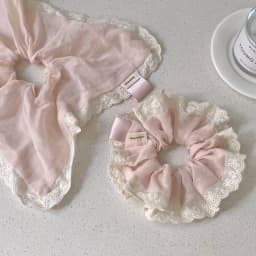 Soft Pink Gentle Lace Large Intestine Scrunchie Sweet Girl's Heart Square Scarf Temperament Ponytail Hair Accessories