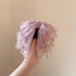 Beautiful Pink Hair Clips for Women Aesthetic Floral Bow with Crystal Chain Decorative Hair Clips